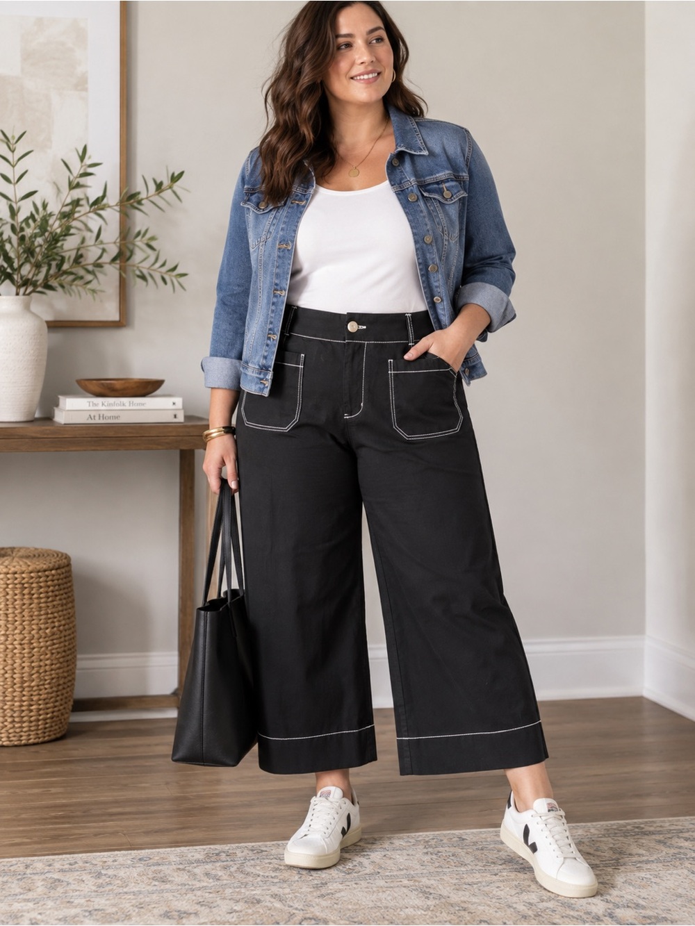 Maeve The Colette Black Contrast Stitch Wide Leg Crop Pants 20W Plus